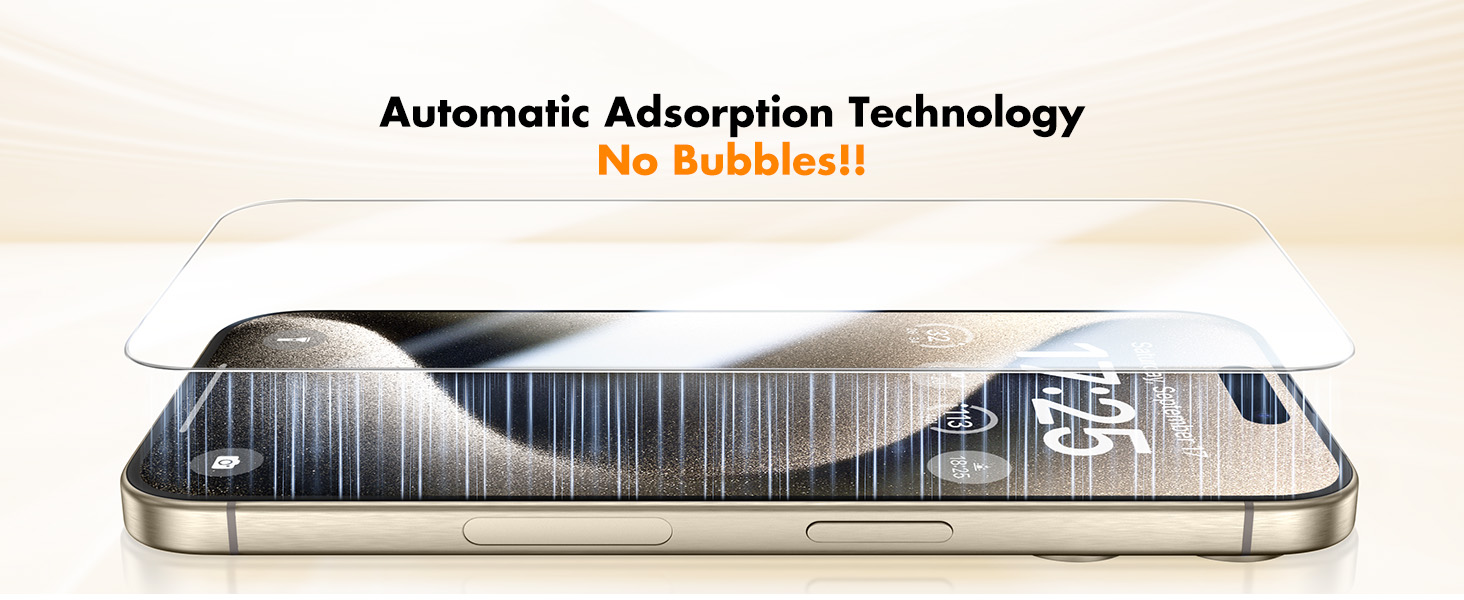 Smartphone screen protector demonstration showing water droplets on surface. Text indicates 'Automatic Adsorption Technology' and 'No Bubbles!!'