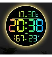 Tikonir 10" RGB Color Large Digital Wall Clock LED Display with Remote Control, Auto Dimmer, DST,...