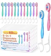 Hxsaezn 60 Pack 5-in-1 Mini Disposable Toothbrush,Waterless Disposable Toothbrushes with Toothpas...