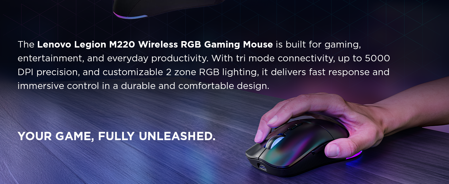 The Lenovo Legion M220 Wireless RGB Gaming Mouse is built for gaming and everyday productivity.