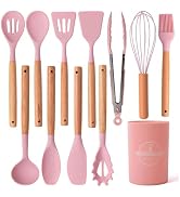 SoKalChw Kitchen Utensil Set with Holder, Silicone Cooking Tools with Wooden Handles