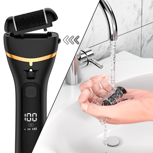 Waterproof electric shaver with digital display next to image of hands washing it under faucet. Features pop-up trimmer and gold accent band.