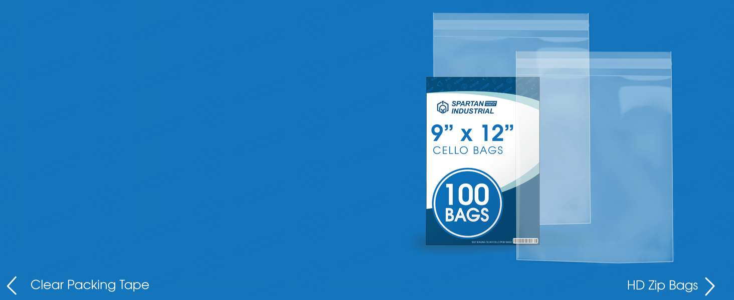 Two of our crystal clear self sealing cello bags in front of its packaging on a blue background