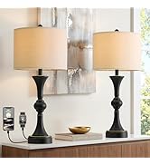 Oneach 28" Modern Table Lamps Set of 2 for Living Room, Bedside Lamps with USB Ports, Black Night...
