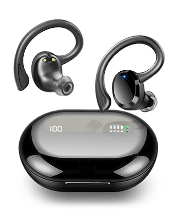 Wireless earbuds with ear hooks and charging case. Case displays battery percentage. Earbuds have a black finish and curved design for secure fit.