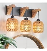 3-Light Bathroom Vanity Light Fixtures, Rustic Style Rattan Bathroom Wall Sconce with Handmade Ba...
