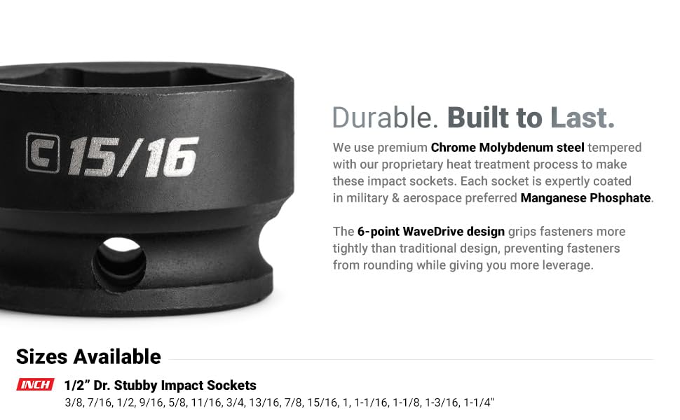 1/2" Dr. Stubby Impact Sockets, SAE