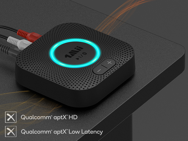 Text reads 'Qualcomm aptX HD' and 'Qualcomm aptX Low Latency'. Black square device with textured surface and glowing blue ring indicator.