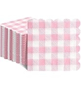 Xiangqu 120 Pcs Pink Gingham Napkins, Pink Baby Shower Napkins Scalloped Cocktail Napkins Disposa...