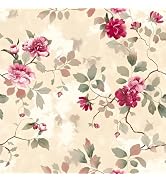 CRE8TIVE Beige Chinoiserie Peony Floral Peel and Stick Wallpaper 12"x118" | Non-Woven Magenta Pin...