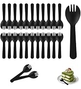 Simpldell 100Pcs Mini Plastic Sporks Individually Wrapped, 4.2Inch Black Disposable Spoon Fork Ut...