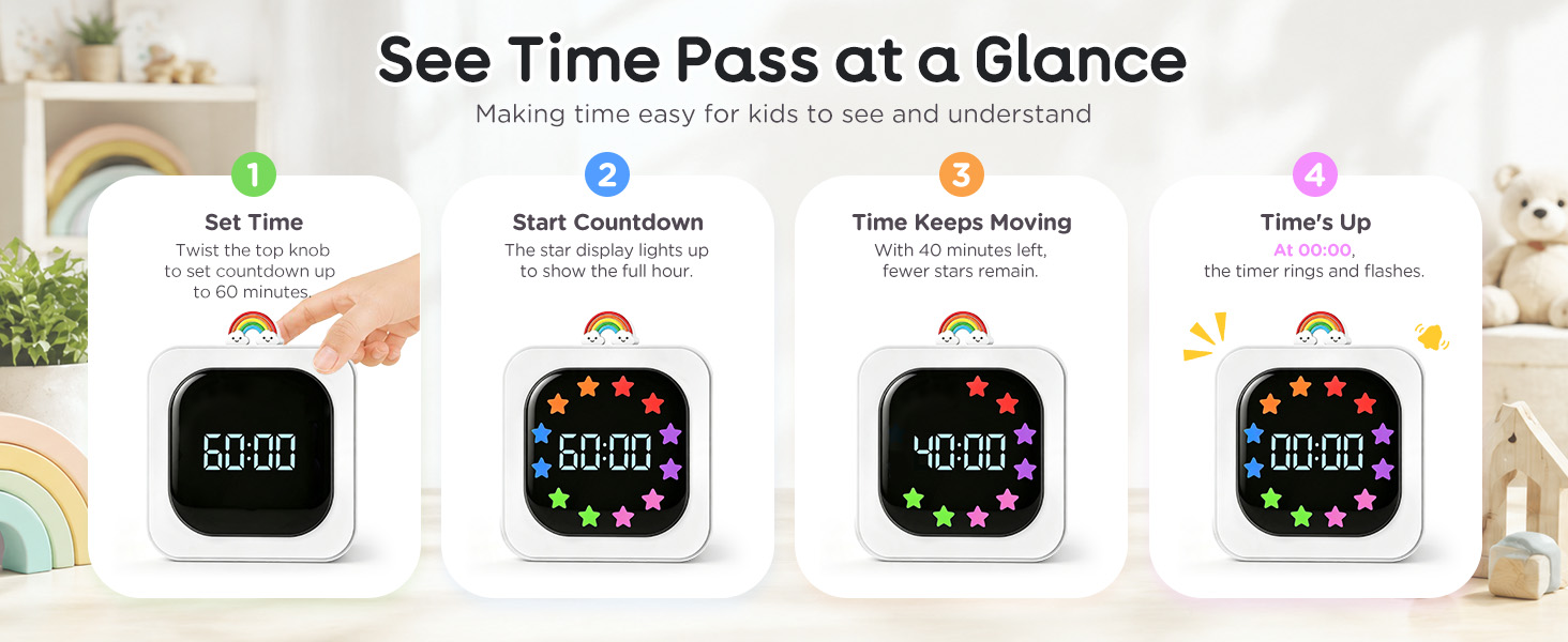 Digital Visual Timer for Kids Star Rainbow LED Display Green White Blue Rechargeable 99 Minute