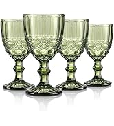 Joeyan Green Vintage Wine Glasses,Clear Water Goblet Glasses with Embossed Serpentine Pattern,Ste...