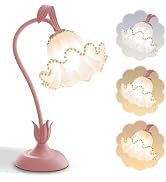 Flower Table Lamp LED Reading Light Vintage Night light (Pink Pearls) | 3 Colors Modes Kawaii Bed...