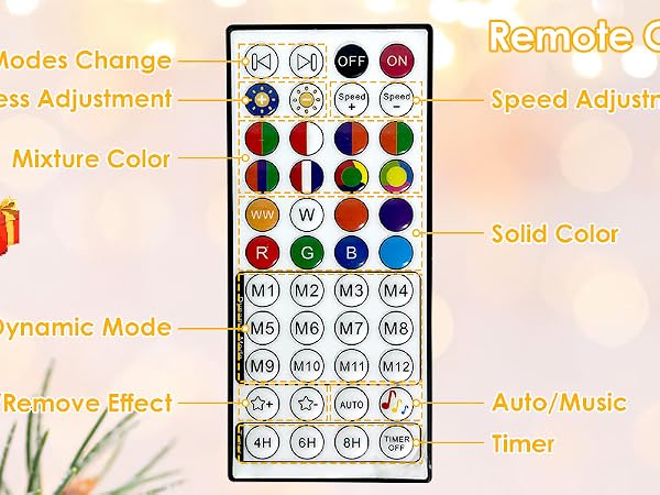 The colorful Christmas twinkle string lights can be controlled with a 44 keys wireless remote.
