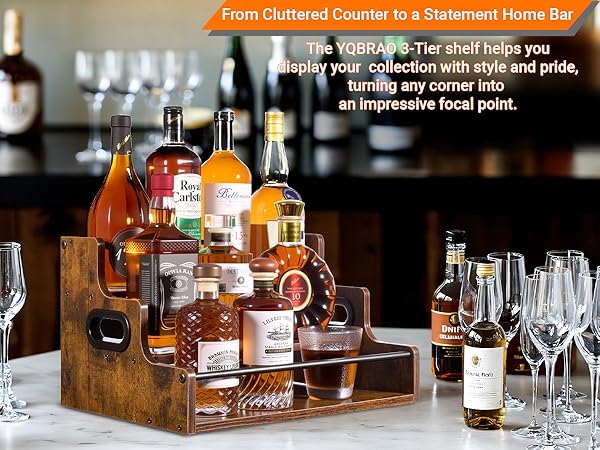 Racks filled with spirits sit on the countertop