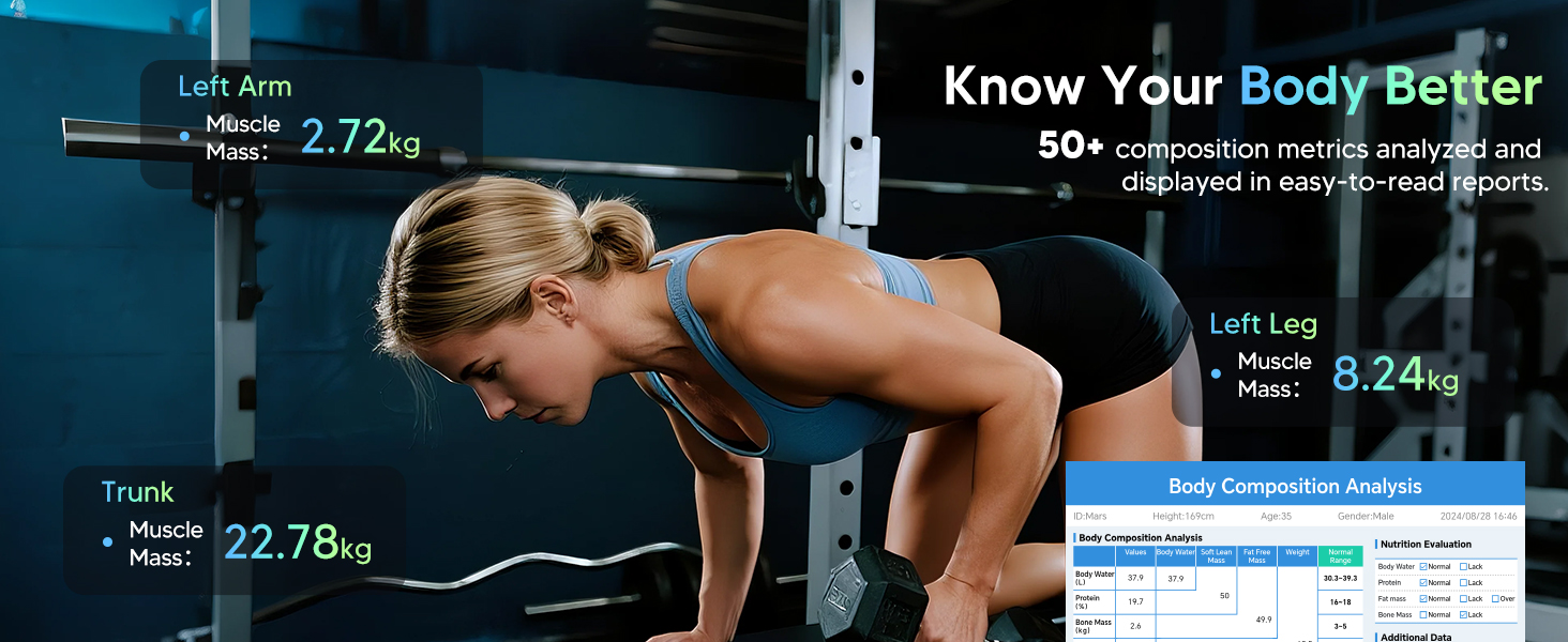 Woman exercising in the gym, with Arboleaf body fat scale displaying muscle mass data