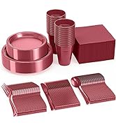 350 Pcs Plastic Dinnerware Set Includes 50 Of Each 9" Burgundy Plastic Dinner Plates | 7" Plastic...