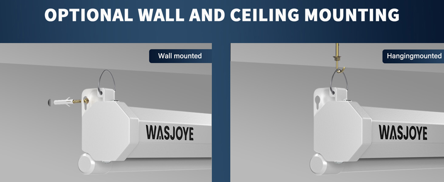 Two mounting options for a white projector screen: wall-mounted and hanging-mounted. The screen housing is labeled 'WASJOYE' and features adjustable brackets for versatile installation.