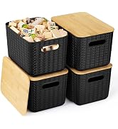 4 Packs Storage Bins with Bamboo Lids - Plastic Storage Containers with Lids Stackable Storage Bo...