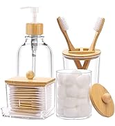Bamboo Bathroom Accessories Set 4 Pcs - Clear Toothbrush Holder Plastic Soap Dispenser and 2 Qtip...