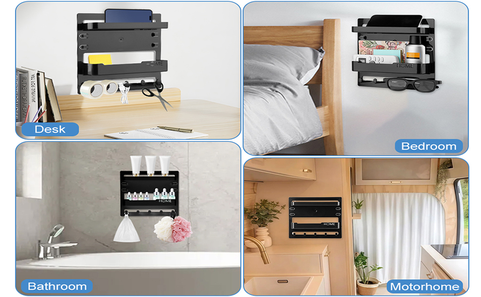 Adhesive Nightstand Wallshelf with 5 Hooks