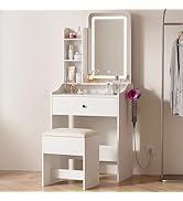 DUMOS Makeup Vanity Desk, Vanity Table Set with Mirror and Lights, Small Vanity with Storage Benc...