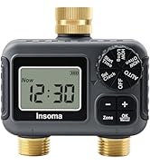 Insoma 2-Zone Water Timer Brass Inlet/Outlet, Programmable Outdoor Hose Faucet Timers with Auto/M...