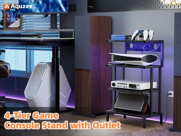 Aquzee AV Media Stand with Shelf, 4 Tiers Video Game Console Organizer for Gaming Room Storage