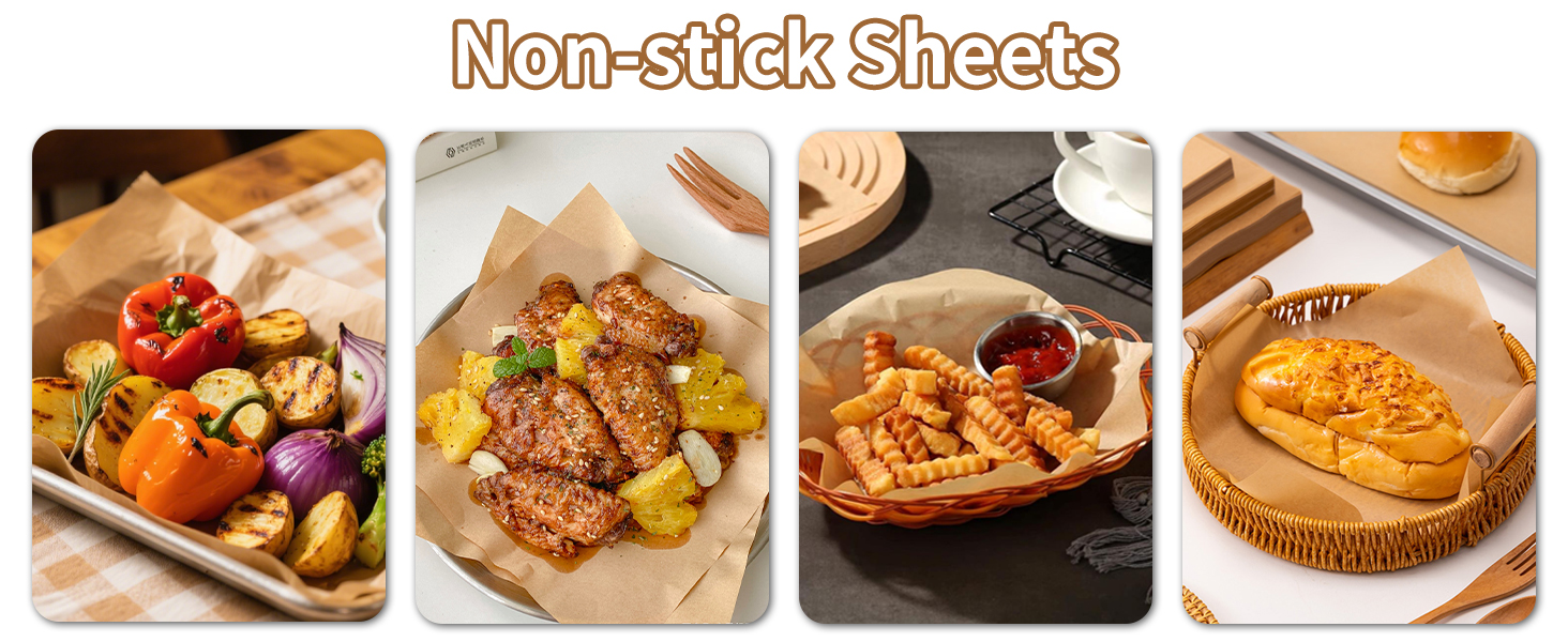 Parchment paper prevents sticking and withstands high temperatures for easy cooking.