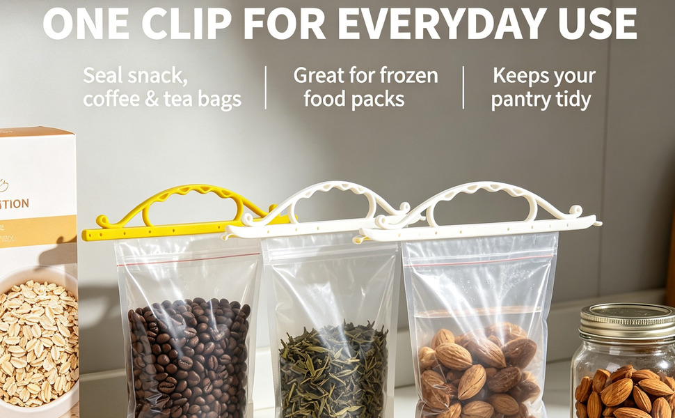 Bag sealing clips with carry handle sealing coffee, tea and almond storage bags on kitchen counter