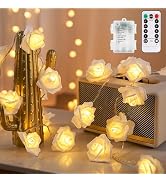 echosari Rose Fairy Lights Battery Operated 15 ft 30 LED White Rose Flower String Lights with Rem...