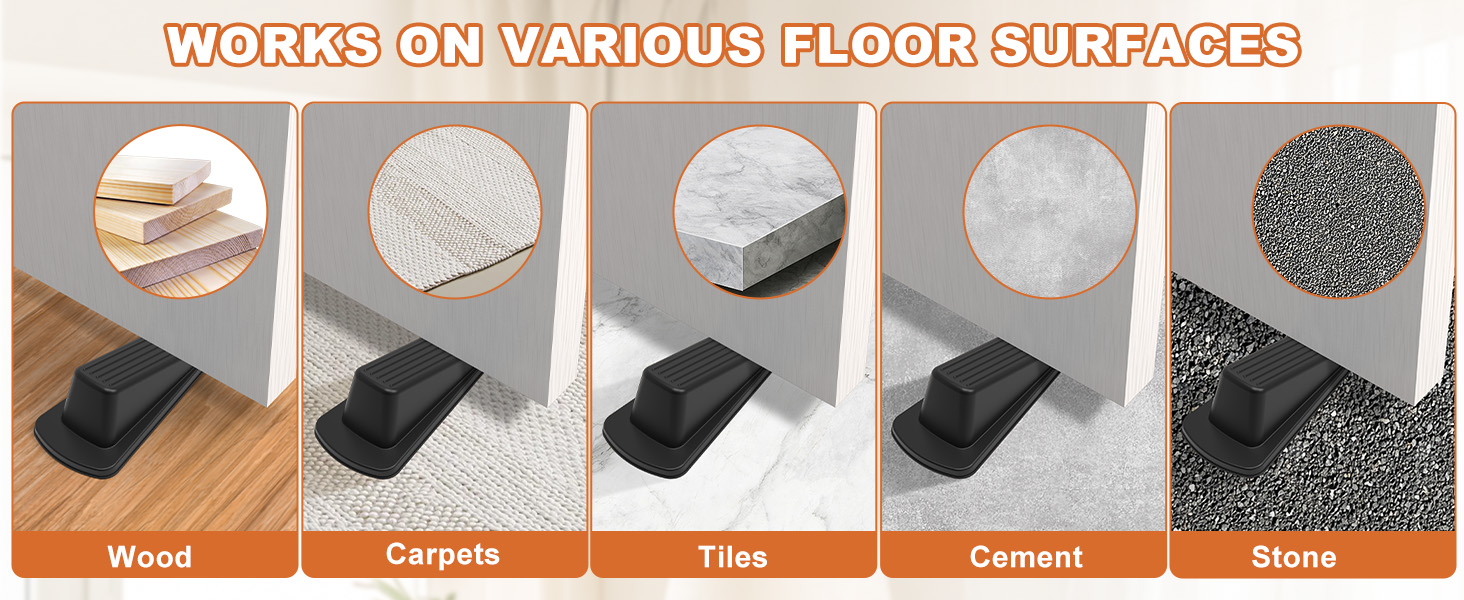 door stoppers are suitable for floors such as hardwood, carpet, concrete, tile, linoleum, stone