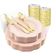 NOCCUR 175PCS Pink Plates with Gold Disposable Silverware - Include 50 Pink Plastic Plates,25 Kni...