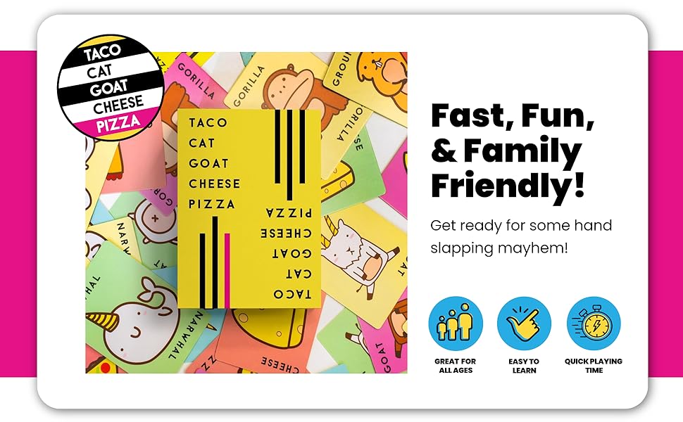 taco cat goat cheese pizza, family fun, fast, card game for kids