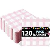 Vyntra 120 Pcs Pink Gingham Disposable Paper Napkins, 5.9 x 5.9 Inches, Pink & White Checkered Na...