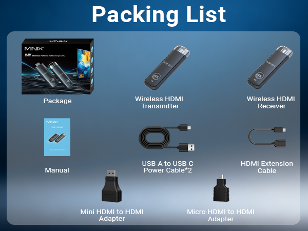 Text reads 'Packing List'. Blue interface screen showing various product components or accessories in a list format.