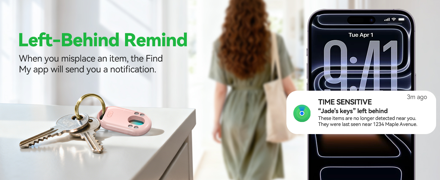A woman leaves her keys with a tracker behind, and her phone sends a left-behind alert.