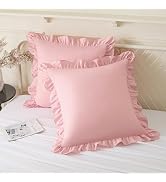 KKJIAF Ruffle Pillow Cases 18x18 Inches, Light Pink Square Ruffled Pillow Covers Set of 2, Microf...