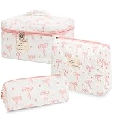 Hatende 3Pcs Cotton Quilted Makeup Bag Set,Large Floral Cosmetic Bag,Aesthetic Toiletry Travel Ma...