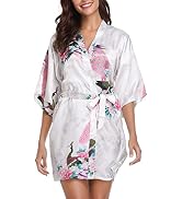 Vlazom Womens Kimono Robes Dressing Gown Satin Bathrobe Nightdress Short Style Bridal Robe