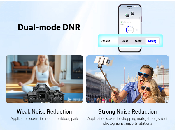 Smartphone displaying noise reduction app with options from 'Disable' to 'Strong'. Below, images show weak and strong noise reduction scenarios in indoor and outdoor settings.