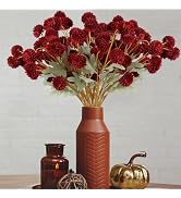 Hananona 12 Pcs Artificial Chrysanthemum Flowers, Red Kiku Pom Pom Mums Flower BurgundyFaux Flora...