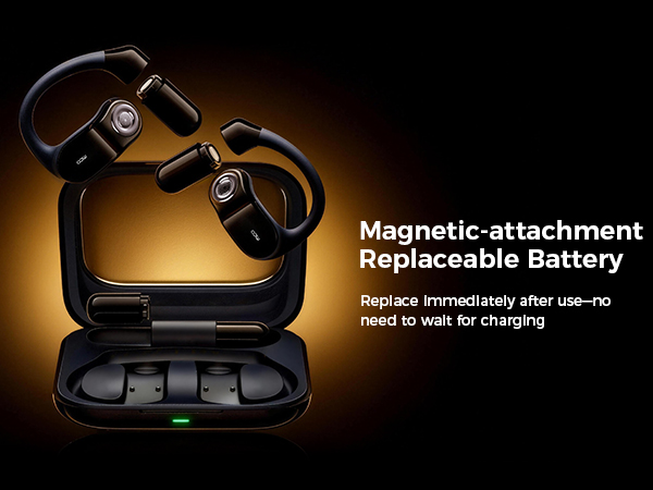 Text reads 'Magnetic-attachment Replaceable Battery'. Product image showing wireless earbuds with charging case against dark background with amber lighting.