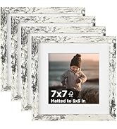 KINLINK 7x7 Picture Frame Rustic White Set of 4, Wooden Square Photo Frames Matted 5x5 with Plexi...