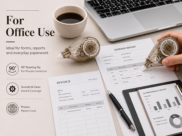 Office user applies dry correction tape on forms, reports, and invoices for smooth clean coverage.