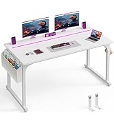 DurayLoly 55 Inch White Computer Desk with LED Lights, Office Desk with Storage Bag for Home Offi...