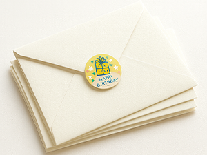 Premium white envelopes with moisture-seal and Happy Birthday gift sticker
