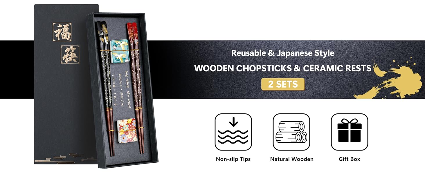 Reusable Wooden Chopsticks Set with Ceramic Rests
