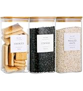CZZGSM 3 Pack Square Glass Kitchen Storage Jars with Airtight Bamboo Lids and 132 Pantry Labels -...